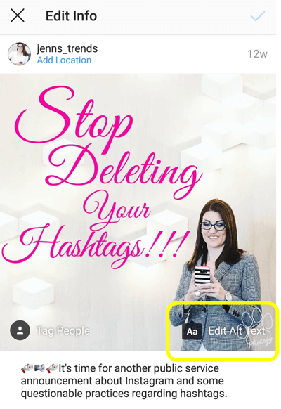 Cum să adăugați text alternativ la postările Instagram, pasul 6, opțiunea de a edita text alternativ pentru postarea dvs. publicată