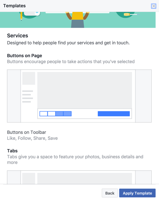 Diferite șabloane de pagini Facebook au CTA-uri diferite, butoane ale barei de instrumente și file alese și organizate special pentru tipul de afacere.