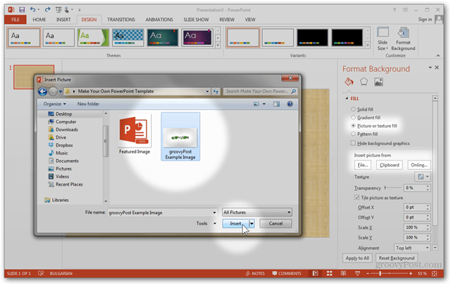 Șabloane Office 2013 Creare Creare design personalizat POTX Personalizare diapozitive diapozitive Tutorial Cum să imaginați textură foto Completare import fișier Clipboard