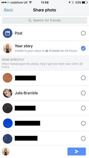 Alegerea locului de postare a conținutului dvs. Facebook Story.