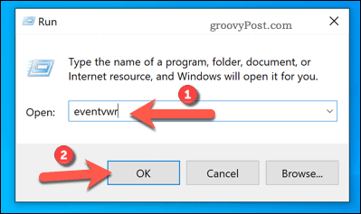 Se deschide Event Viewer folosind Run on Windows