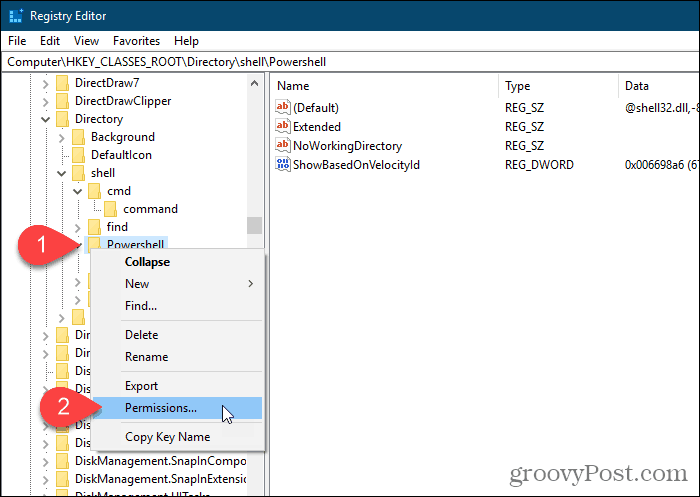 Selectați Permisiuni pentru cheia Powershell din Editorul Registrului Windows