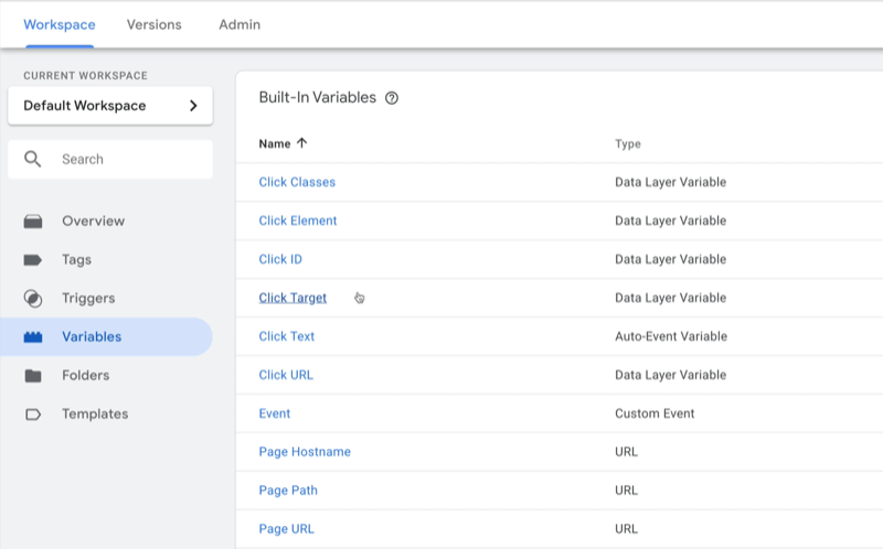 exemplu spațiu de lucru tablou de bord Google Tag Manager cu variabile selectate și mai multe exemple de variabile afișate cu tip notat pentru fiecare