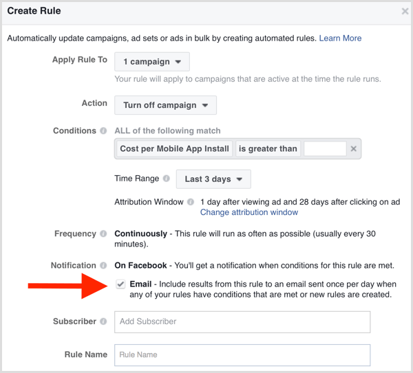 Notificare prin e-mail cu regulă automată Facebook Ads Manager