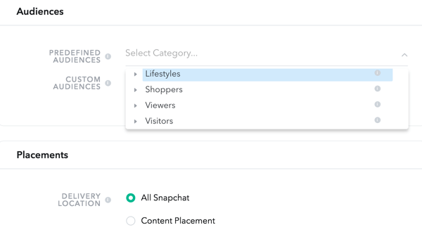 Snapchat vă permite să alegeți segmente de public din patru categorii predefinite.