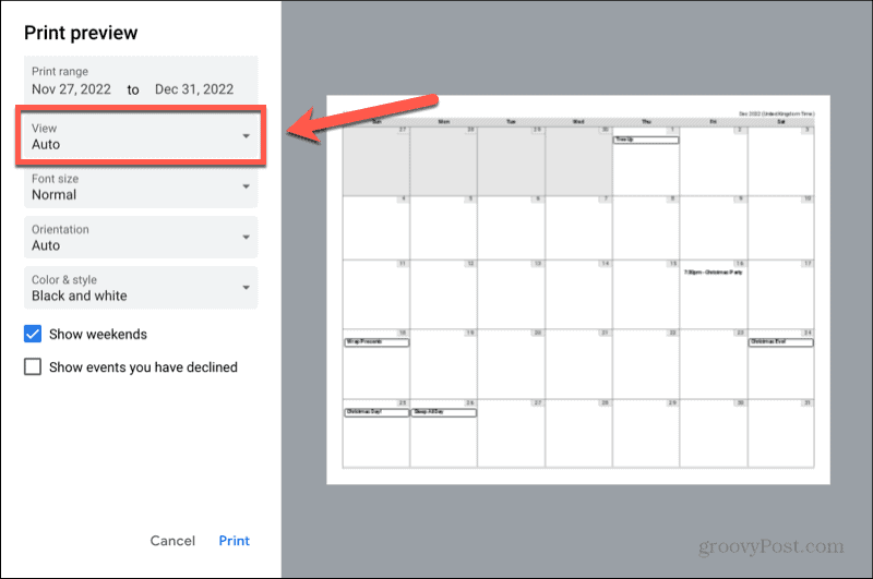 setare de vizualizare a calendarului google