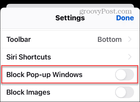 Opțiunea Blocare ferestre pop-up din Setările iPhone Firefox