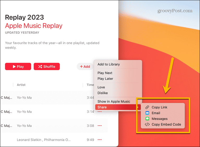 opțiuni de partajare a muzicii Apple