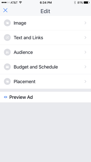 editați opțiunile pentru campania publicitară în aplicația manager de pagini Facebook