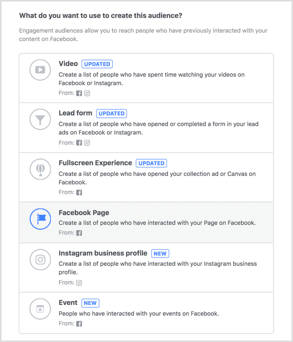 Selectați opțiunea Pagină Facebook pentru a crea un public personalizat de implicare