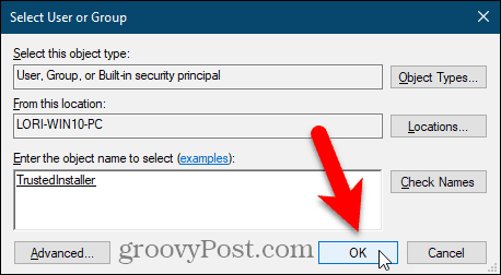 Închideți caseta de dialog Selectare utilizator sau grup din Editorul registrului Windows