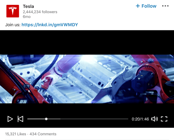 Exemplu de postare video a paginii companiei Tesla LinkedIn.