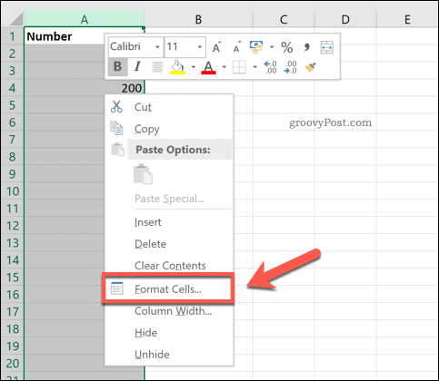Opțiunea Excel Format Cells