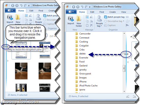 Redimensionați panoul de navigare în Galeria foto Windows Live