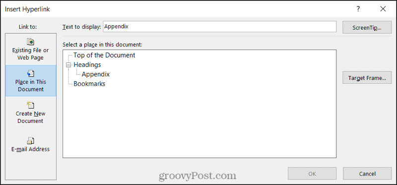 Link către o locație a documentului în Word pe Windows