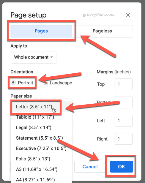 configurarea paginii cărții în Google Docs