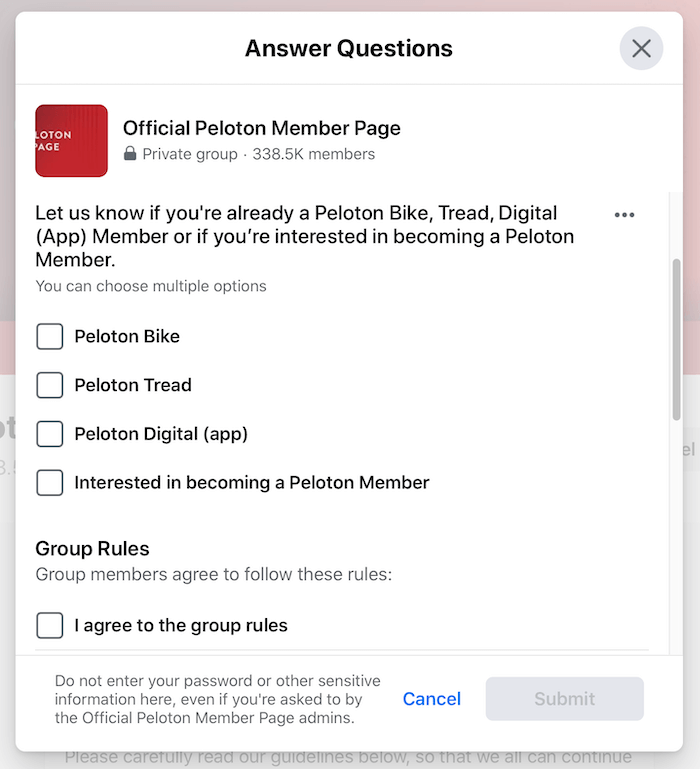 exemplu de întrebări de screening pentru grupul Facebook pentru grupul oficial de pagini membre peloton