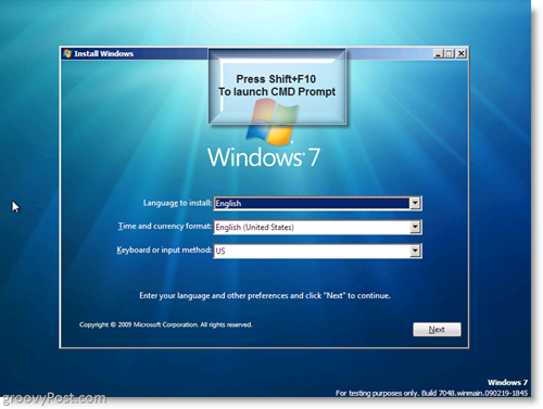 Windows 7 Instalare - Lansați prompt CMD folosind Shift + F10