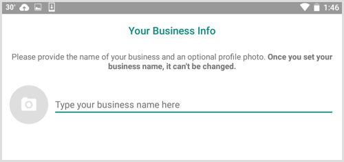 Tastați numele companiei dvs. pe ecranul Informații despre afacerea dvs. din WhatsApp Business