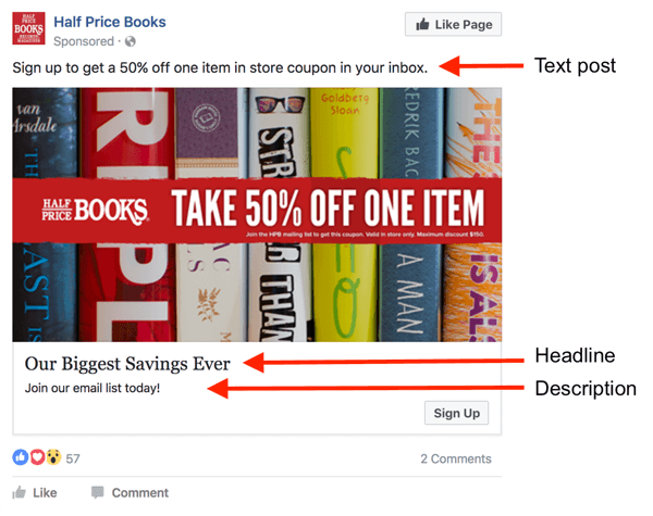Există trei zone pentru text într-un anunț Facebook.