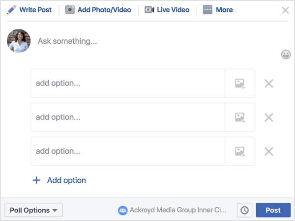 Într-o postare de grup Facebook, faceți clic pe Sondaj și apoi scrieți o întrebare sau o solicitare. 