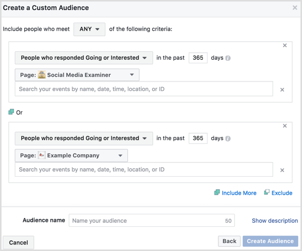 Managerul Facebook Ads creează un public personalizat pe baza implicării evenimentului