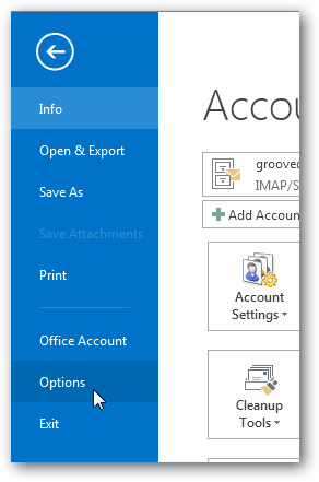 butonul opțiuni în Outlook 2013