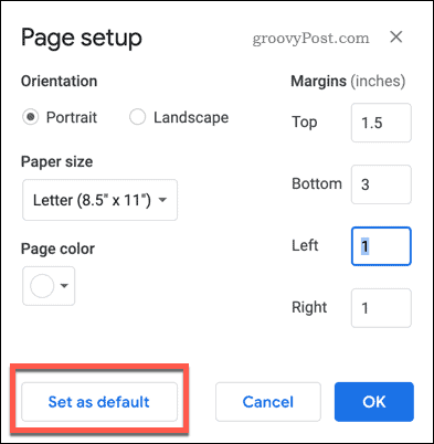 Setarea paginii setată ca buton implicit în Google Docs