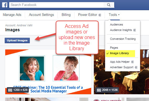 acces la biblioteca de imagini a managerului de reclame facebook