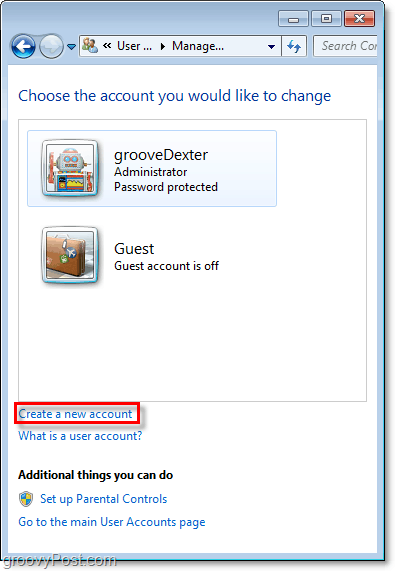din pagina de prezentare a conturilor Windows 7 folosiți linkul pentru a crea un cont nou