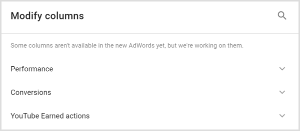 Analiza Google AdWords modifică ecranul coloanelor
