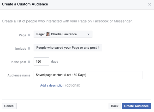 Creați un public personalizat de persoane care v-au salvat pagina sau postarea de Facebook.