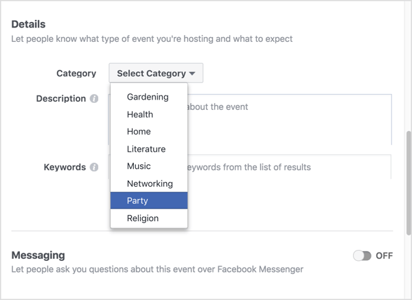 Alege categoria care descrie cel mai bine evenimentul tău virtual pe Facebook.