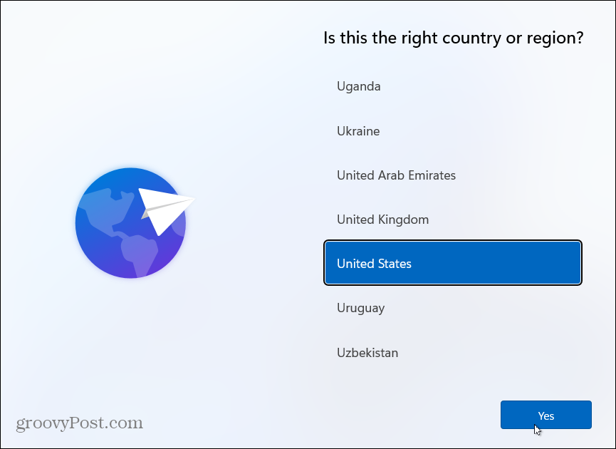 Alegeți Instalarea țării Windows 11