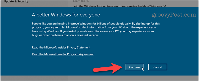 Confirmați înscrierea la programul Windows Insider