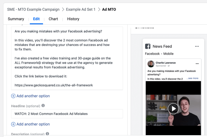 pas cu pas pentru crearea unei campanii Facebook cu mai multe opțiuni de text