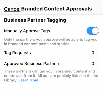 Setări de aprobare a conținutului de marcă Instagram pentru profilul companiei