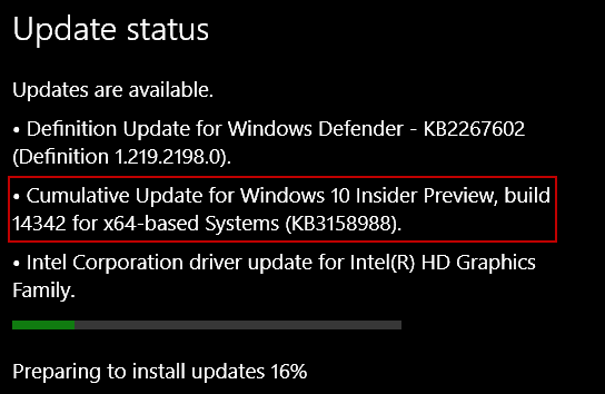 Windows 10 Update KB3158988 pentru Preview Build 14342 pentru PC-uri
