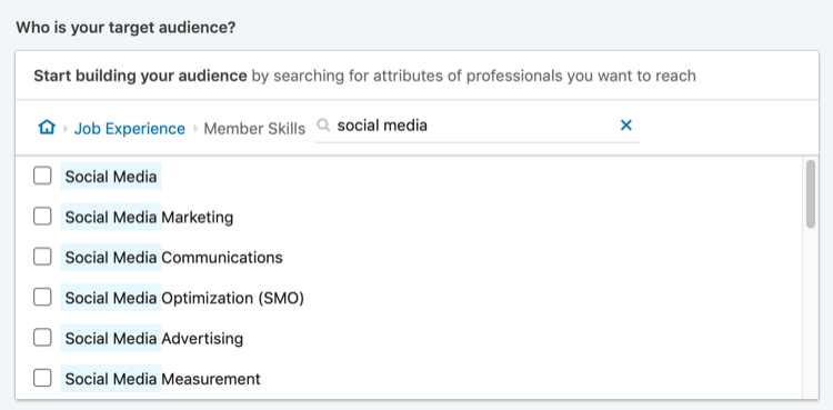 rezultatele căutării „social media” pentru direcționarea abilităților membrilor LinkedIn