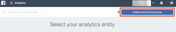 Butonul Creați sursă de eveniment din Facebook Analytics.