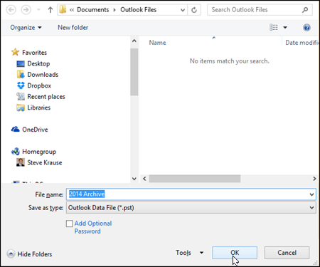 Outlook 2016 - Alegeți numele și locația fișierului PST