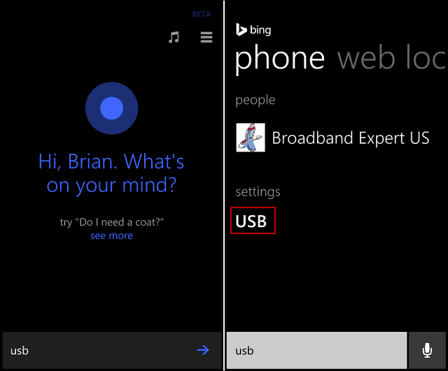 Căutare USB Cortana