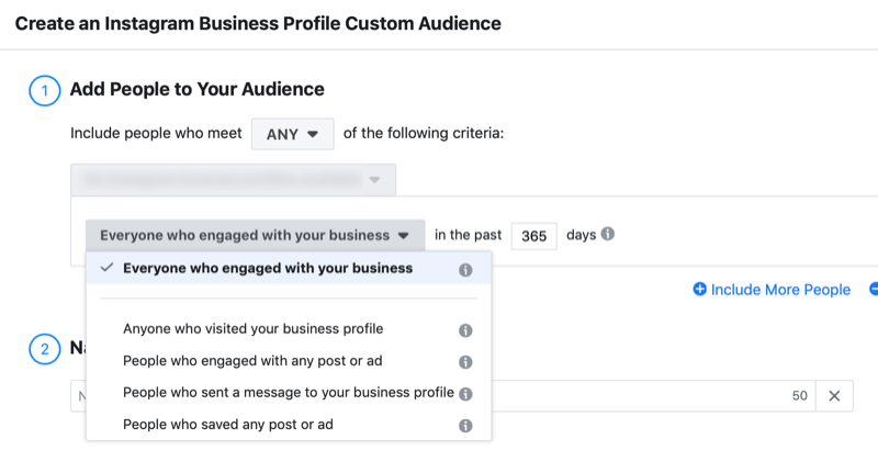 fereastră de configurare pentru publicul personalizat de implicare a profilului de afaceri Instagram