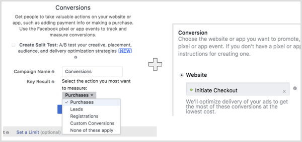 Creați o campanie Facebook cu obiectivul Conversii web și selectați acțiunea pe care doriți să o efectueze publicul dvs.
