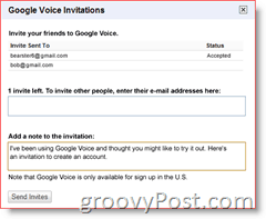 Captura de ecran de invitație Google Voice