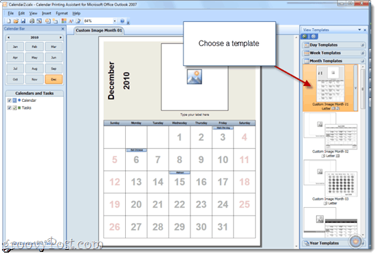 Tipărirea calendarelor overlain cu Office 2010