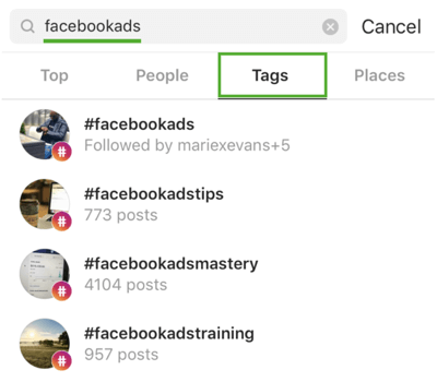 Cum să-ți dezvolți strategic următorul Instagram, pasul 9, să găsești hashtag-uri relevante, caută exemplu pentru „facebookads”
