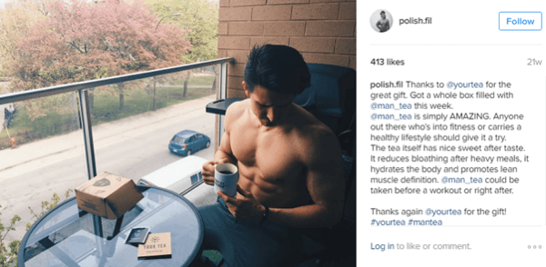 Micro-influențatorul Filip Tomaszewski pozează cu Man Tea și împărtășește beneficiile adepților săi de pe Instagram.