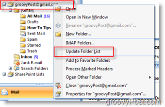 Actualizați lista de foldere iMAP GMAIL în bara de instrumente de navigare Outlook 2007