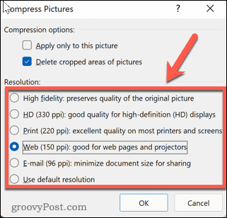 Opțiuni de compresie Excel